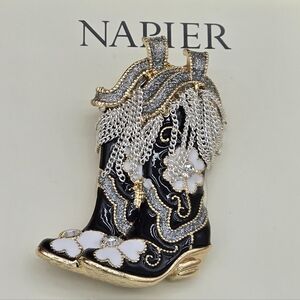 Napier Black and Gold Cowboy Boot Brooch NEW in Gift Box